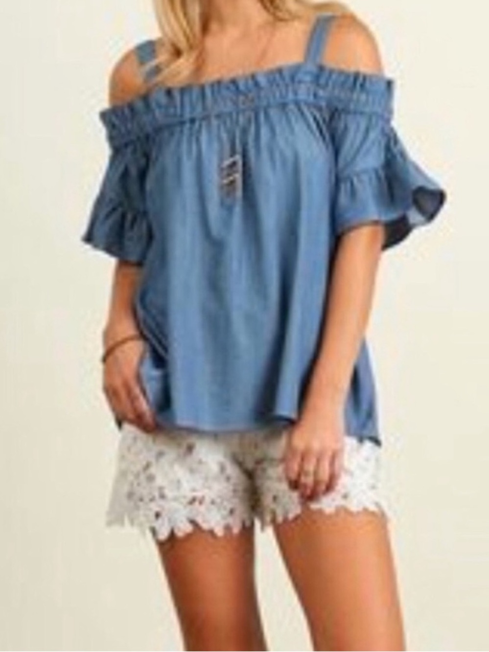 Umgee Chambray Off-Shoulder Ruffle Top | Prairie Cowgirl Western Boho | sz small